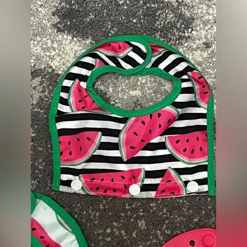 Bundle of Silicone Feeding Bibs Miss Mess Watermelon print Food Catcher Pocket